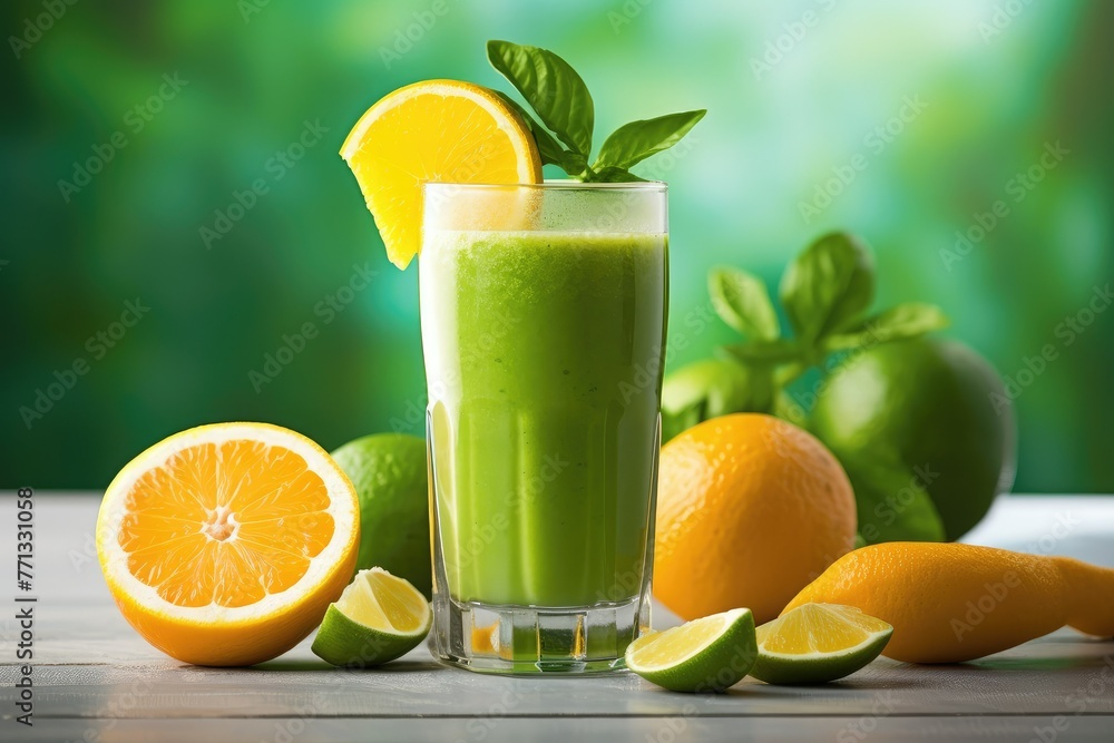 Poster a refreshing green smoothie is surrounded by vibrant oranges and zesty limes, creating a colorful an