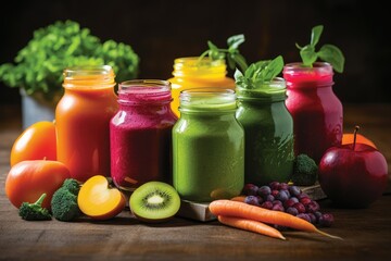 A table filled with colorful jars, each containing a unique blend of vibrant veggie medley smoothies. Generative AI