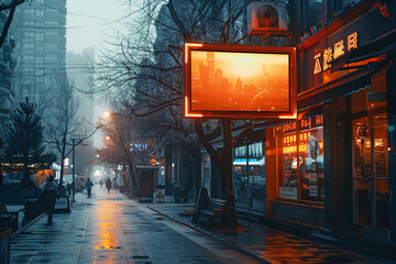 a street corner of a modern city with a small billboard screen, daylight, normal amount of people passing by