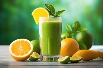 A refreshing green smoothie is surrounded by vibrant oranges and zesty limes, creating a colorful and nutritious display of citrus fruits. Generative AI