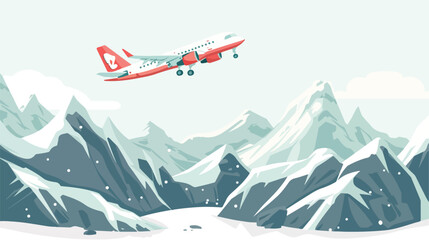 Airplane flying over a rocky mountain range flat vector - obrazy, fototapety, plakaty
