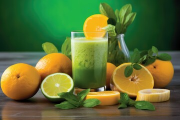 A glass filled with a vibrant green smoothie sits surrounded by juicy oranges, offering a zesty morning boost to start the day. Generative AI