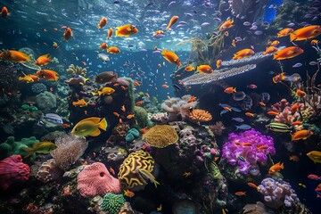 : A vibrant coral reef ecosystem with a vast array of tropical fish swimming among the corals