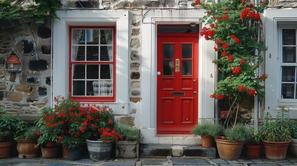 Fototapeta na wymiar A house facade with red door. Generative AI.