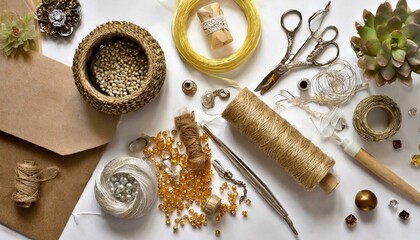 Various craft supplies on white background. Supplies for jewelry making, drawing and needlework. Flat lay