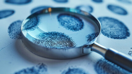 Fingerprints and a magnifying glass on a blue background
