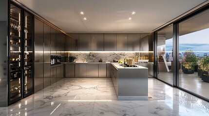 Modern kitchen, silver cabinets and white marble flooring, glass wine cabinet. Generative AI. - obrazy, fototapety, plakaty