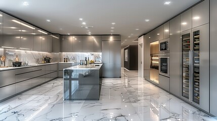 Modern kitchen, silver cabinets and white marble flooring, glass wine cabinet. Generative AI. - obrazy, fototapety, plakaty