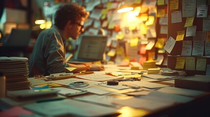 Organising research, post it notes, paper, sticky tape, tactile, formulas. Generative AI.