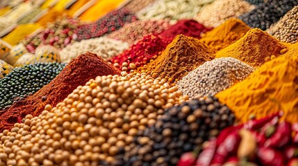 colorful mix of herb and spice varieties: curry, coriander, turmeric, cumin, paprika, pepper, mustard, salt, cardamon, oregano, saffron, cinnamon; food ingridients 