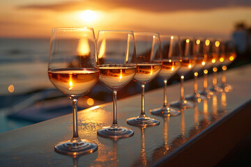 a photo of a row of glasses of chardonnay that disappears over the horizon