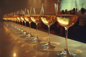 a photo of a row of glasses of chardonnay that disappears over the horizon