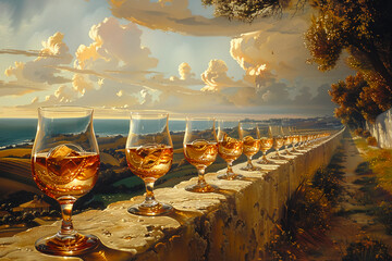 a photo of a row of glasses of chardonnay that disappears over the horizon