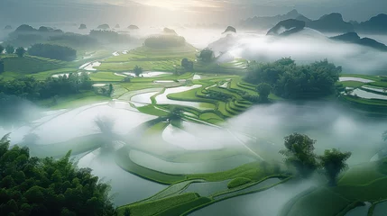 Deurstickers It's a beautiful spring morning, the mature paddy fields are covered in white fog. Aerial high view. Generative AI. © visoot