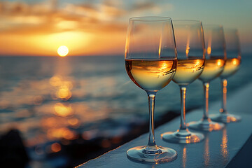 a photo of a row of glasses of chardonnay that disappears over the horizon