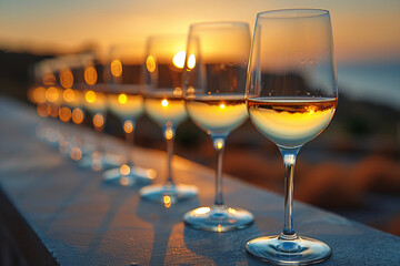 a photo of a row of glasses of chardonnay that disappears over the horizon