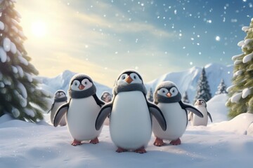 Group of penguins wearing Christmas sweaters sliding down a snowy hill
