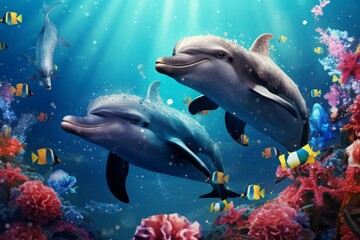 Group of playful dolphins wearing reindeer antlers in a sparkling blue ocean