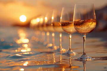 a photo of a row of glasses of chardonnay that disappears over the horizon
