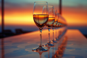 a photo of a row of glasses of chardonnay that disappears over the horizon