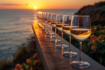 a photo of a row of glasses of chardonnay that disappears over the horizon