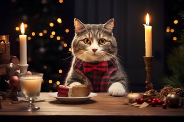 Christmas cat at a festive dining table