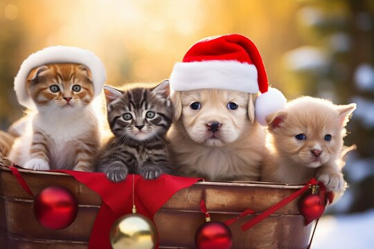 Group of kittens and puppies in a sleigh filled with presents