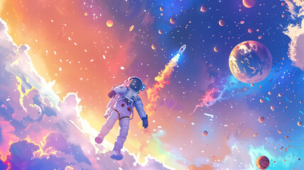 Astronauts and the pastel color space for exploration. - obrazy, fototapety, plakaty