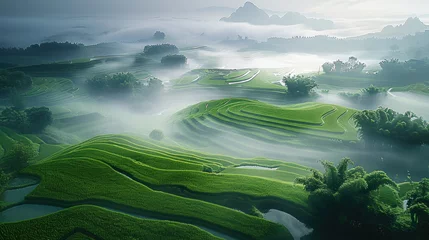 Poster It's a beautiful spring morning, the mature paddy fields are covered in white fog. Aerial high view. Generative AI. © visoot