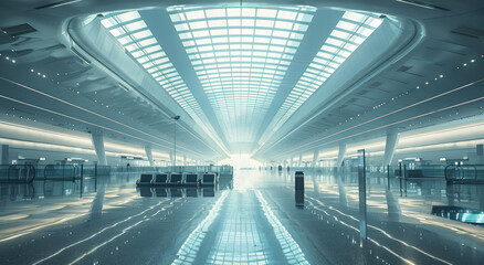 Futuristic inside airport showcases the epitome of human progress. Its sleek and modern design exudes grandeur. Generative AI.