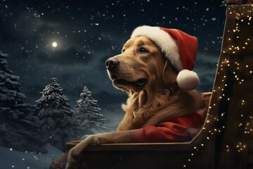 A Christmas dog wearing a Santa hat sitting on a sleigh with a bag of presents. - obrazy, fototapety, plakaty