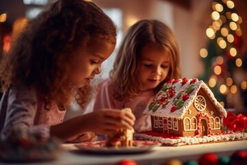 Obraz premium Kids building a gingerbread house with candy decorations