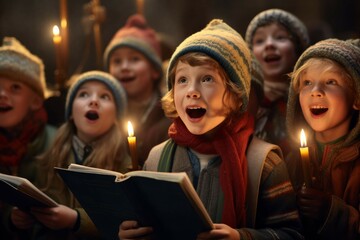 Children singing Christmas carols on a decorated stage