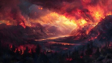 Breathtaking Landscape Under Threat of Raging Wildfires Portrayed in Vivid Oil Painting - obrazy, fototapety, plakaty