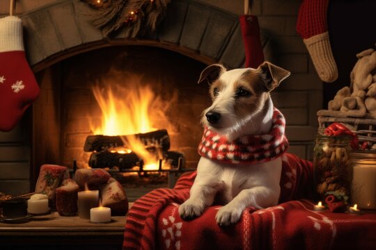 A Christmas dog in a cozy sweater sitting by a fireplace with a stocking hanging above.