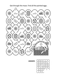 Easter egg hunt maze and coloring page activity sheet. Answer included.
