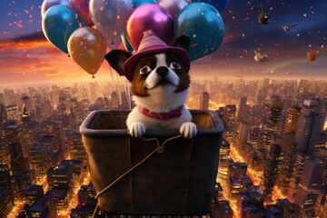 Dog enjoying a hot air balloon ride on New Year's Eve