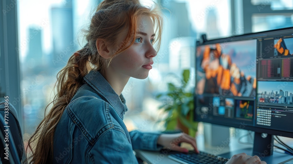 Leinwandbilder young female data scientist typing on desktop computer in bright and diverse corporate office with c