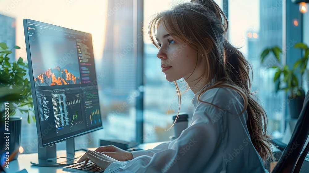 Leinwandbilder young female data scientist typing on desktop computer in bright and diverse corporate office with c