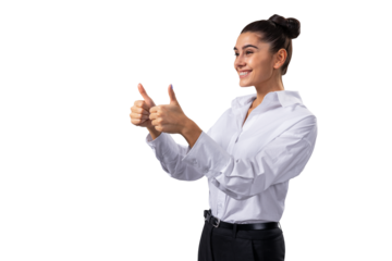 A smiling woman in a white shirt giving two thumbs up, with a clean, isolated white background, depicting the concept of approval or success