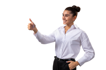 A smiling woman in business attire giving a thumbs-up, photographed against a white background, portraying success or approval