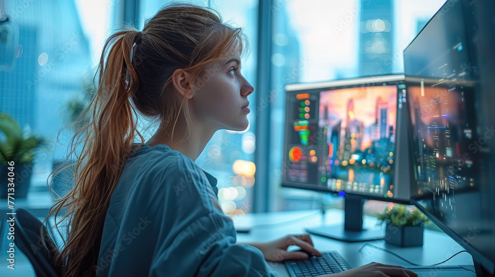 Poster Young Female Data Scientist Typing On Desktop Computer In Bright And Diverse Corporate Office With City Window View. Generative AI.