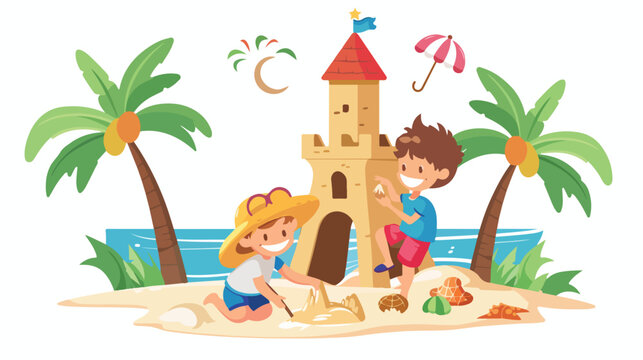 Cartoon Children making sand castle at tropical beach