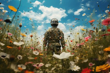 Soldier in a peaceful meadow - obrazy, fototapety, plakaty