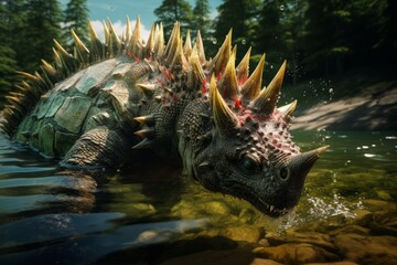 Stegosaurus bathing in a crystal-clear river - obrazy, fototapety, plakaty