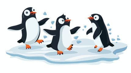 Cartoon Group of funny penguins playing on ice floe f