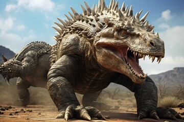 Fototapeta premium Ankylosaurus defending against a tyrannosaurus rex