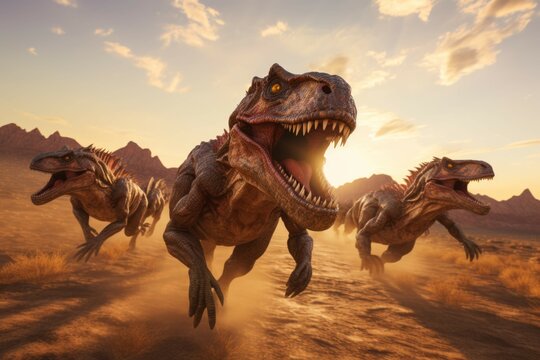 Pack of dilophosaurus running in a desert landscape