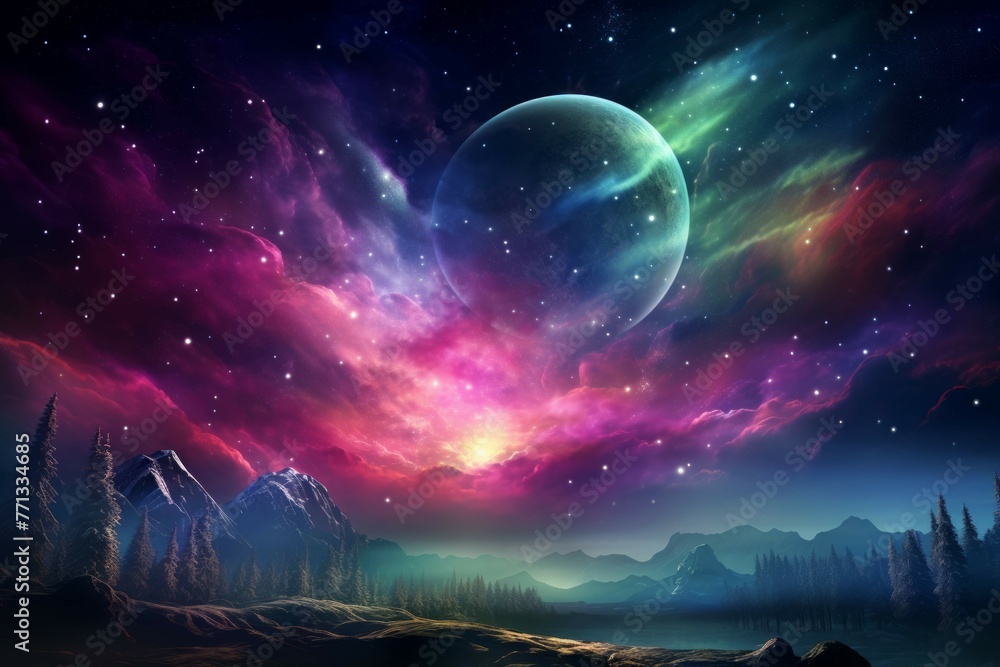 Wall mural a distant planet with multiple moons, surrounded by a mesmerizing aurora borealis.