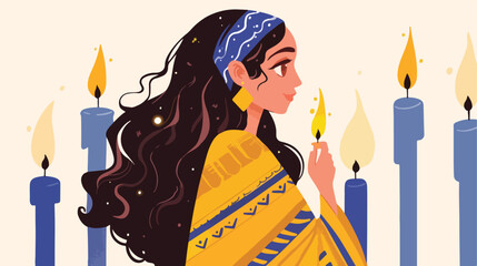 Cartoon Happy jewish girl lights hanukkah candles 
